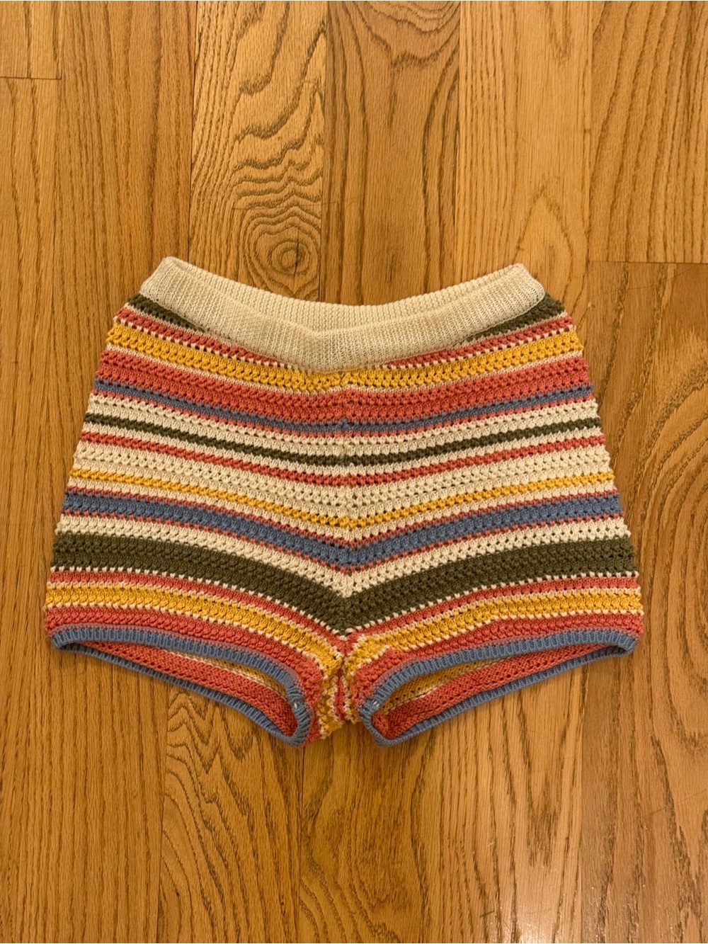 Zara Striped Crochet High-Waist Shorts in Cream, Pink, Blue, Olive & Yellow